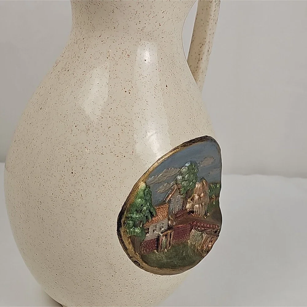 Vintage Speckled Ceramic Pitcher Farm Scene Relief Cream Rustic Country Decor